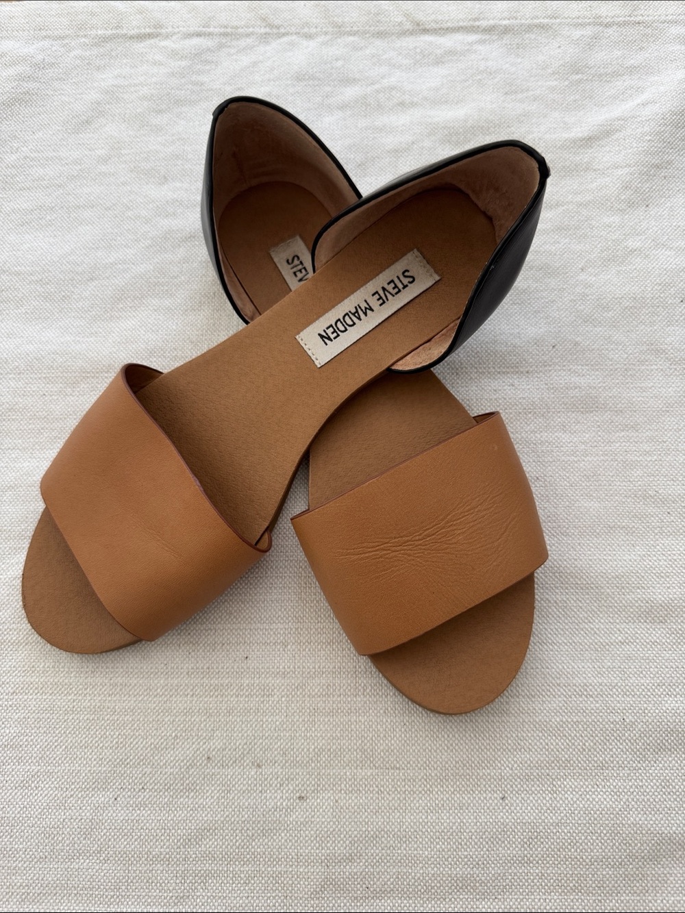 Steve Madden Tan and Black D'Orsay Slide Mules
